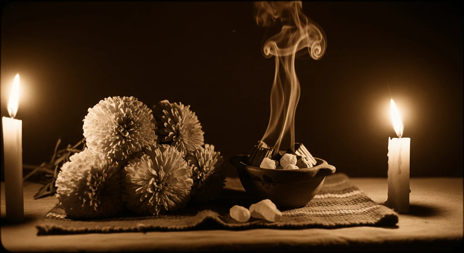 Offergaver på et mazatekisk alter — tagetes, glødende copal og stearinlys